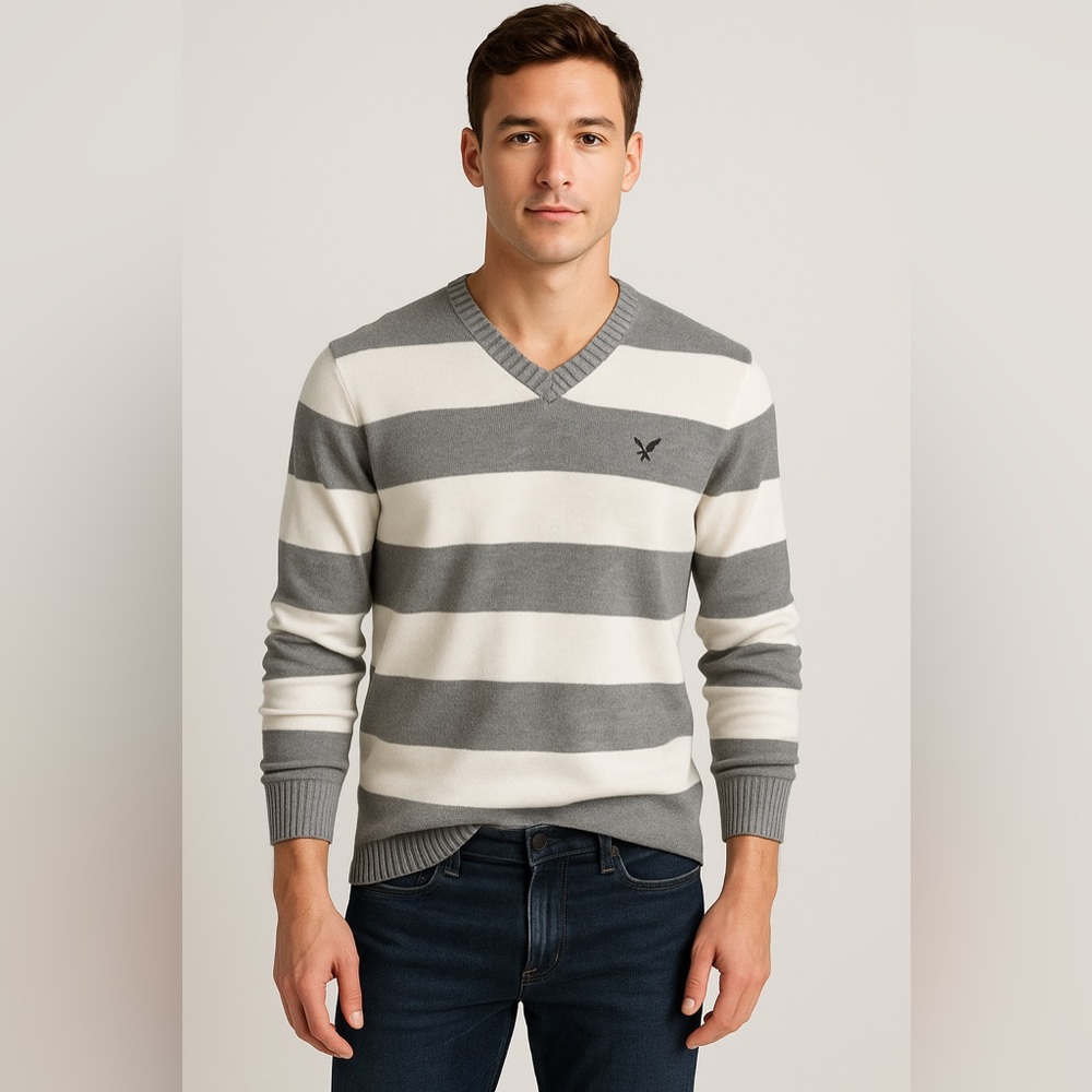 American‎ Eagle Outfitters Striped V-Neck Sweater Gray White | Size S
